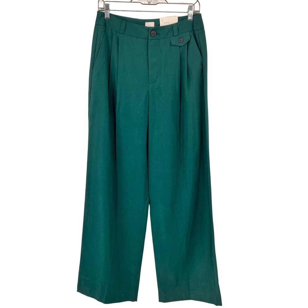 A New‎ Day Womens High Rise Wide Leg Trousers Green Pleated Size 6 Regular
